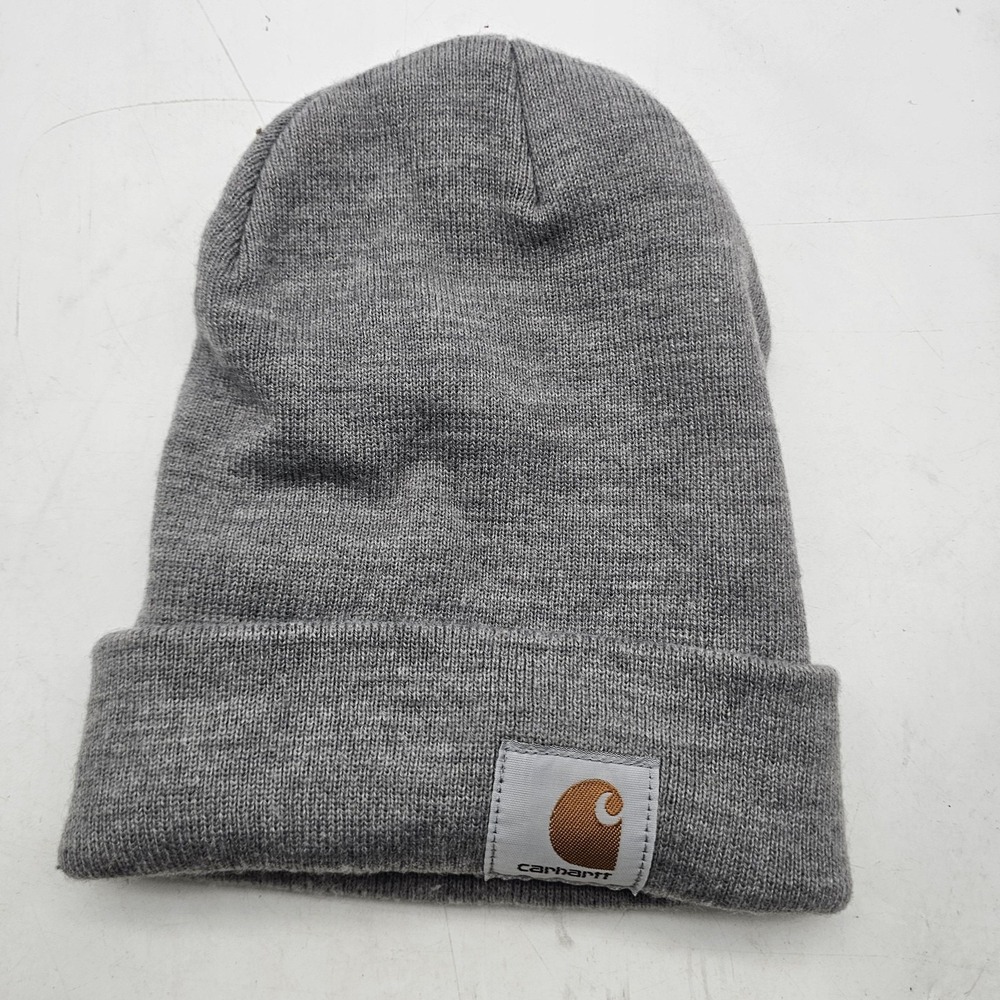 Carhartt Hat Beanie Gray Knit Cuffed Logo Patch One Size Mens Workwear A18